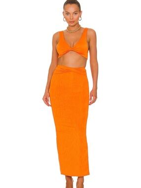 Vibrant Orange Two-Piece Crop Top & Maxi Skirt Set